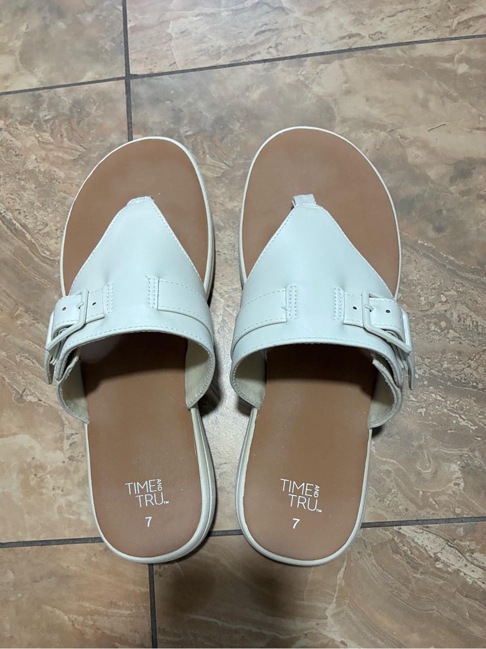 Time and Tru White Buckle Slide Sandals
